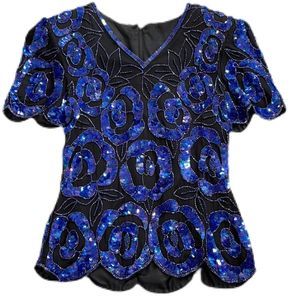 Vintage Blue Beaded Sequin Top